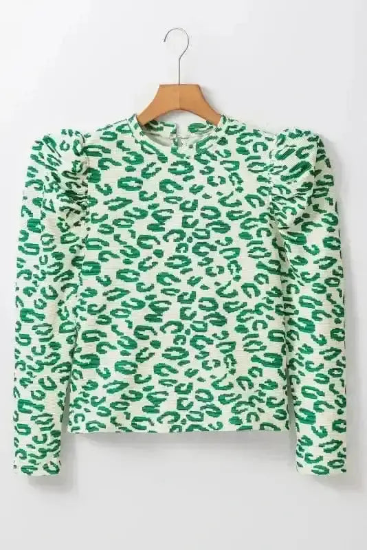 Leopard Print Mock Neck Puff Sleeve Top Women UK