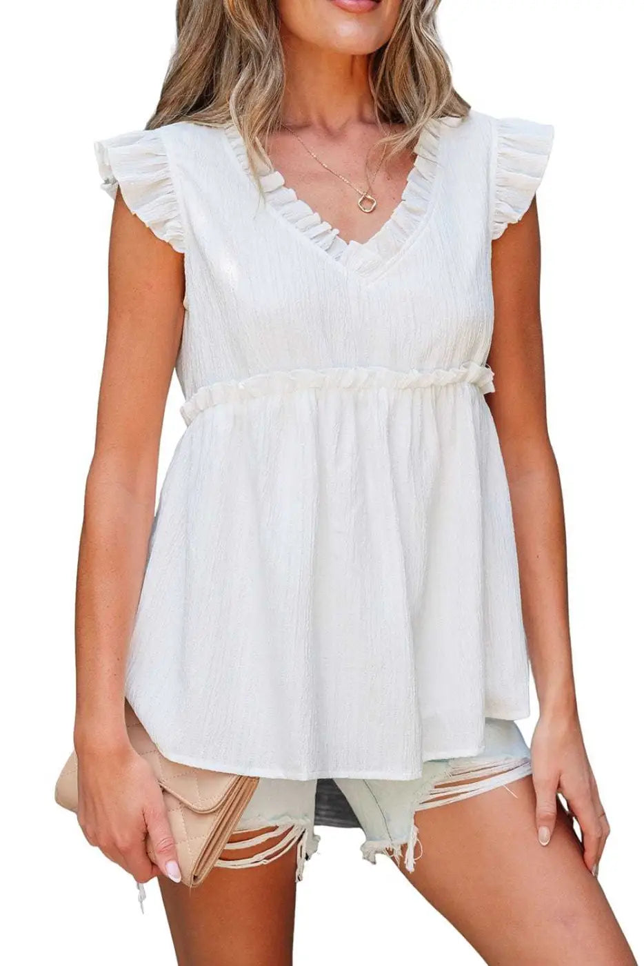 Pink Solid Ruffle Trim Flowy Top Women UK | Vacation
