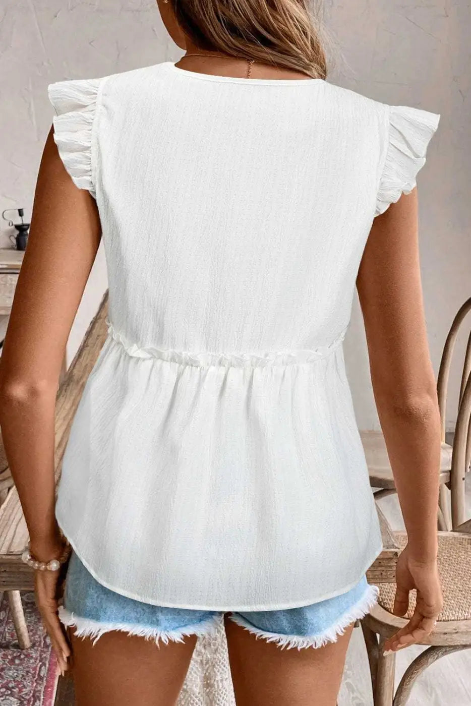 Pink Solid Ruffle Trim Flowy Top Women UK | Vacation