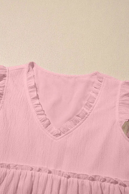 Pink Solid Ruffle Trim Flowy Top Women UK | Vacation