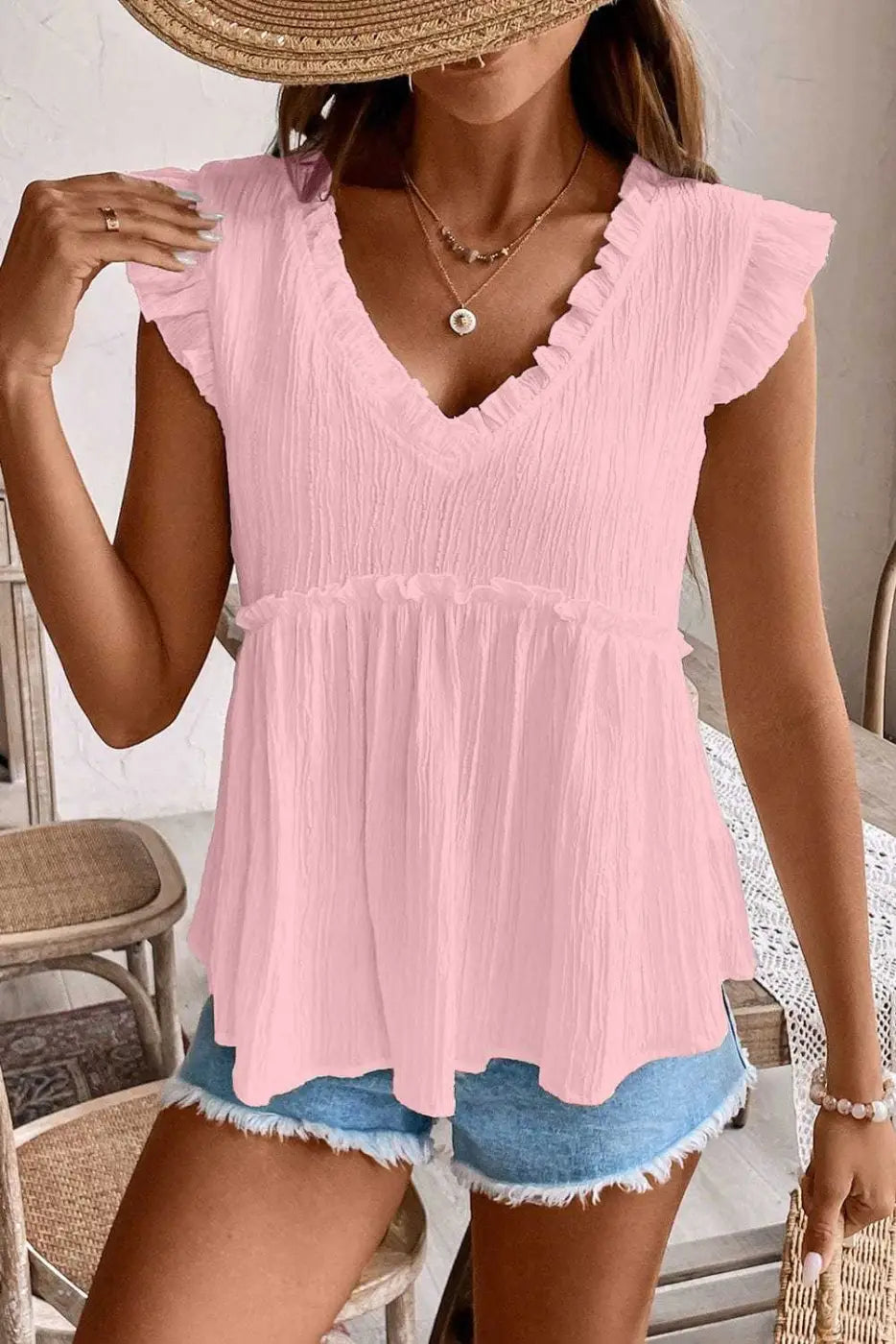 Pink Solid Ruffle Trim Flowy Top Women UK | Vacation