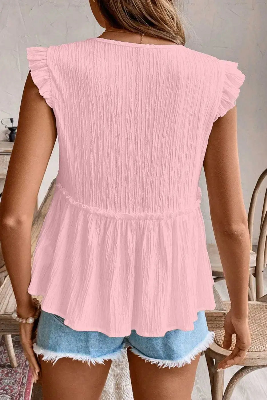 Pink Solid Ruffle Trim Flowy Top Women UK | Vacation