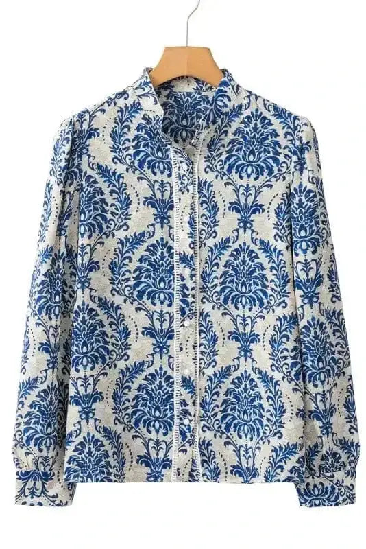 Blue Boho Lace Splicing Floral Blouse Women UK | Spring