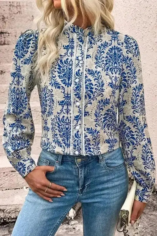 Blue Boho Lace Splicing Floral Blouse Women UK | Spring