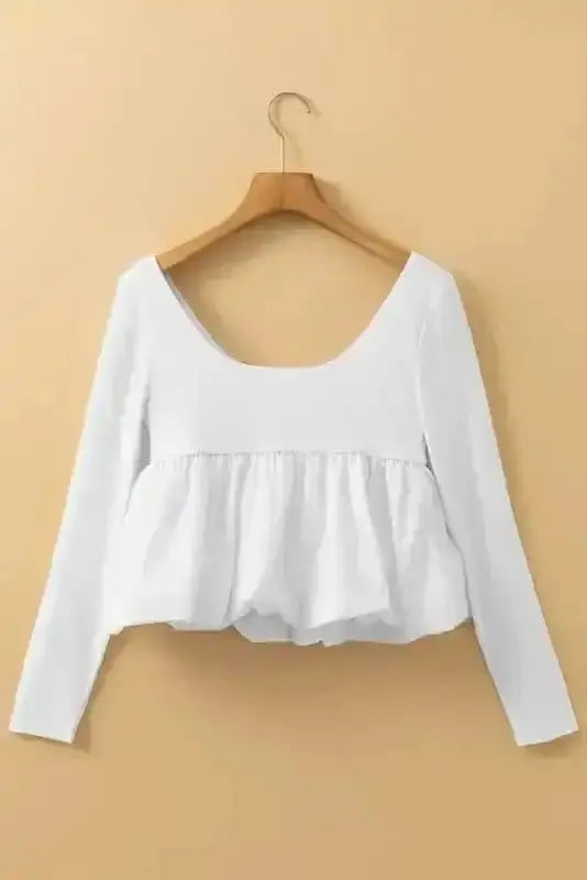 Bubble Hem U-Neck Long Sleeve Crop Top Women UK | Elegant
