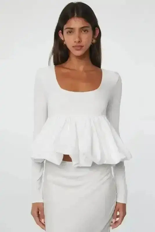 Bubble Hem U-Neck Long Sleeve Crop Top Women UK | Elegant