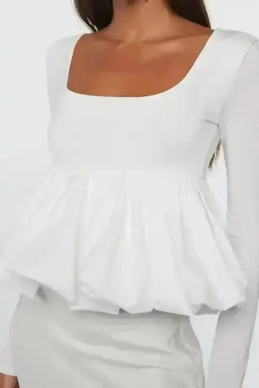 Bubble Hem U-Neck Long Sleeve Crop Top Women UK | Elegant