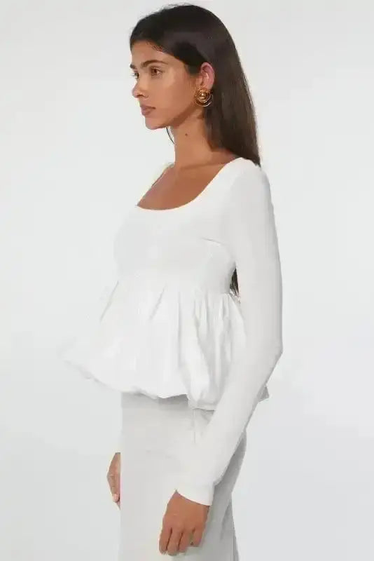 Bubble Hem U-Neck Long Sleeve Crop Top Women UK | Elegant