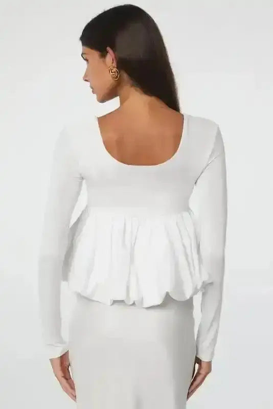 Bubble Hem U-Neck Long Sleeve Crop Top Women UK | Elegant