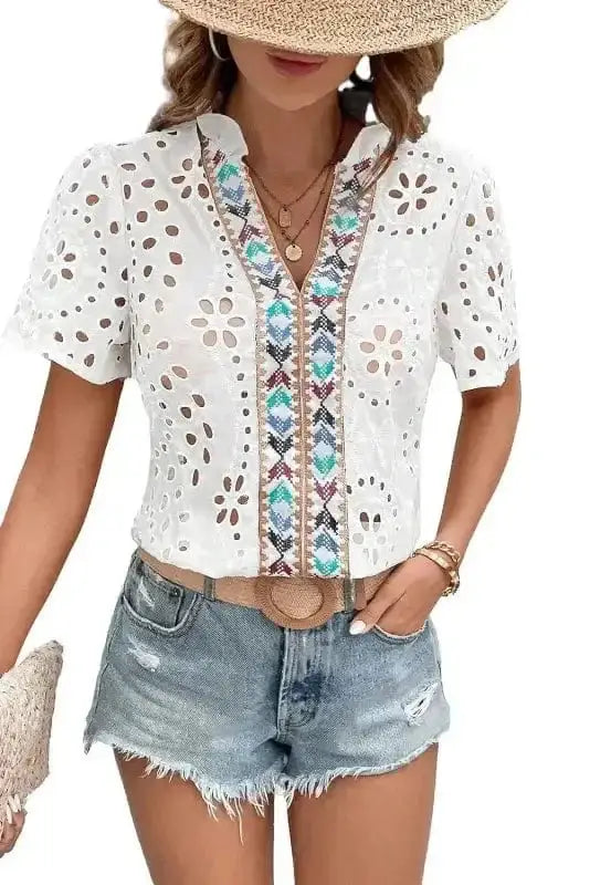 Aztec Embroidered V-Neck Peekaboo Blouse Women UK | Boho
