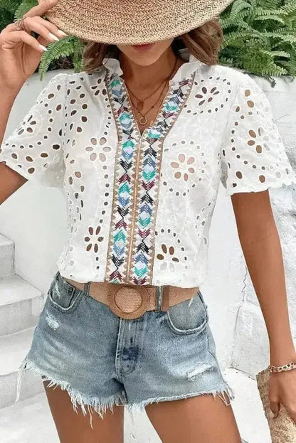 Aztec Embroidered V-Neck Peekaboo Blouse Women UK | Boho