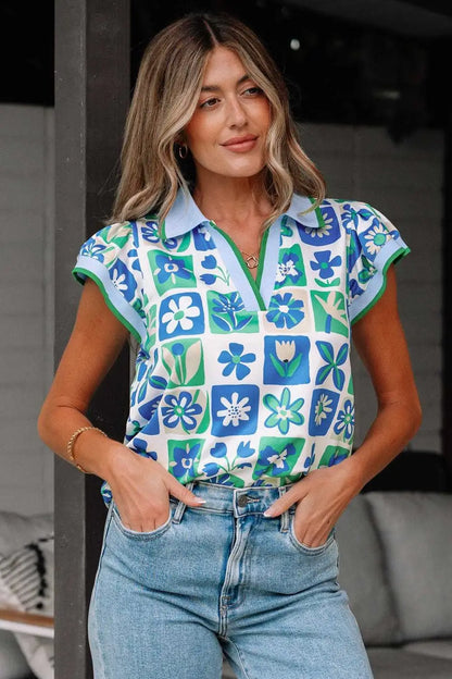 Green Floral Geometric Flutter Blouse with Collar & Contrast Trim
