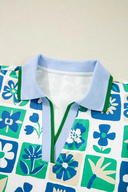 Green Floral Geometric Flutter Blouse with Collar & Contrast Trim