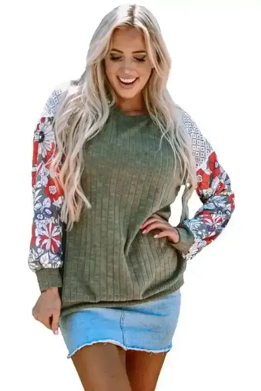 Floral Colour Block Ribbed Blouse Women UK | Mosaic