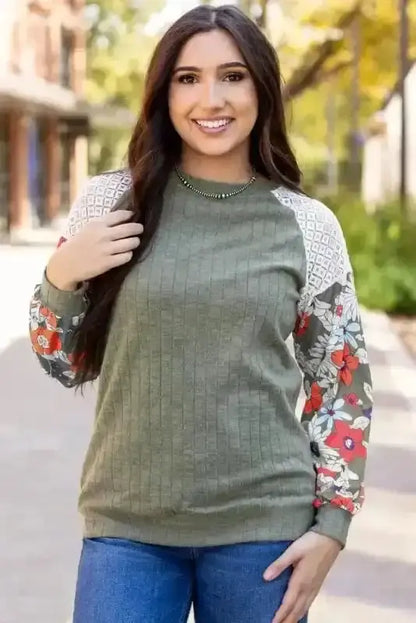 Floral Colour Block Ribbed Blouse Women UK | Mosaic