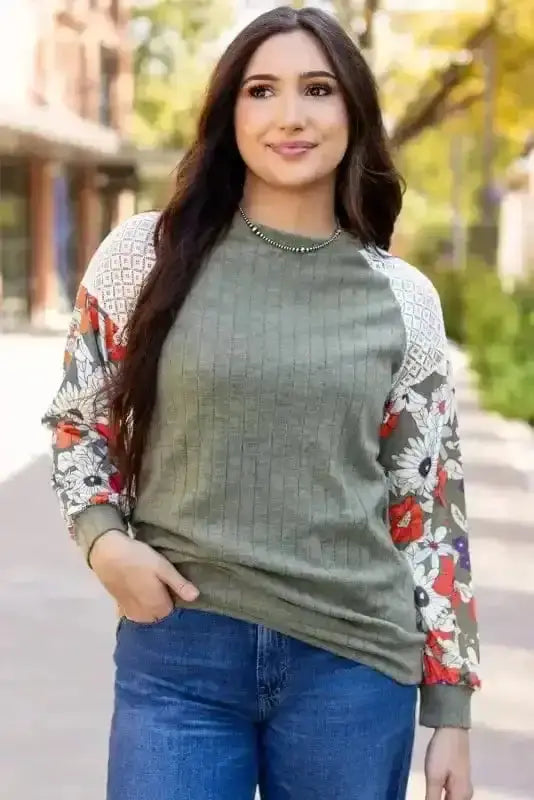 Floral Colour Block Ribbed Blouse Women UK | Mosaic