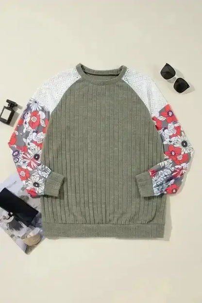 Floral Colour Block Ribbed Blouse Women UK | Mosaic