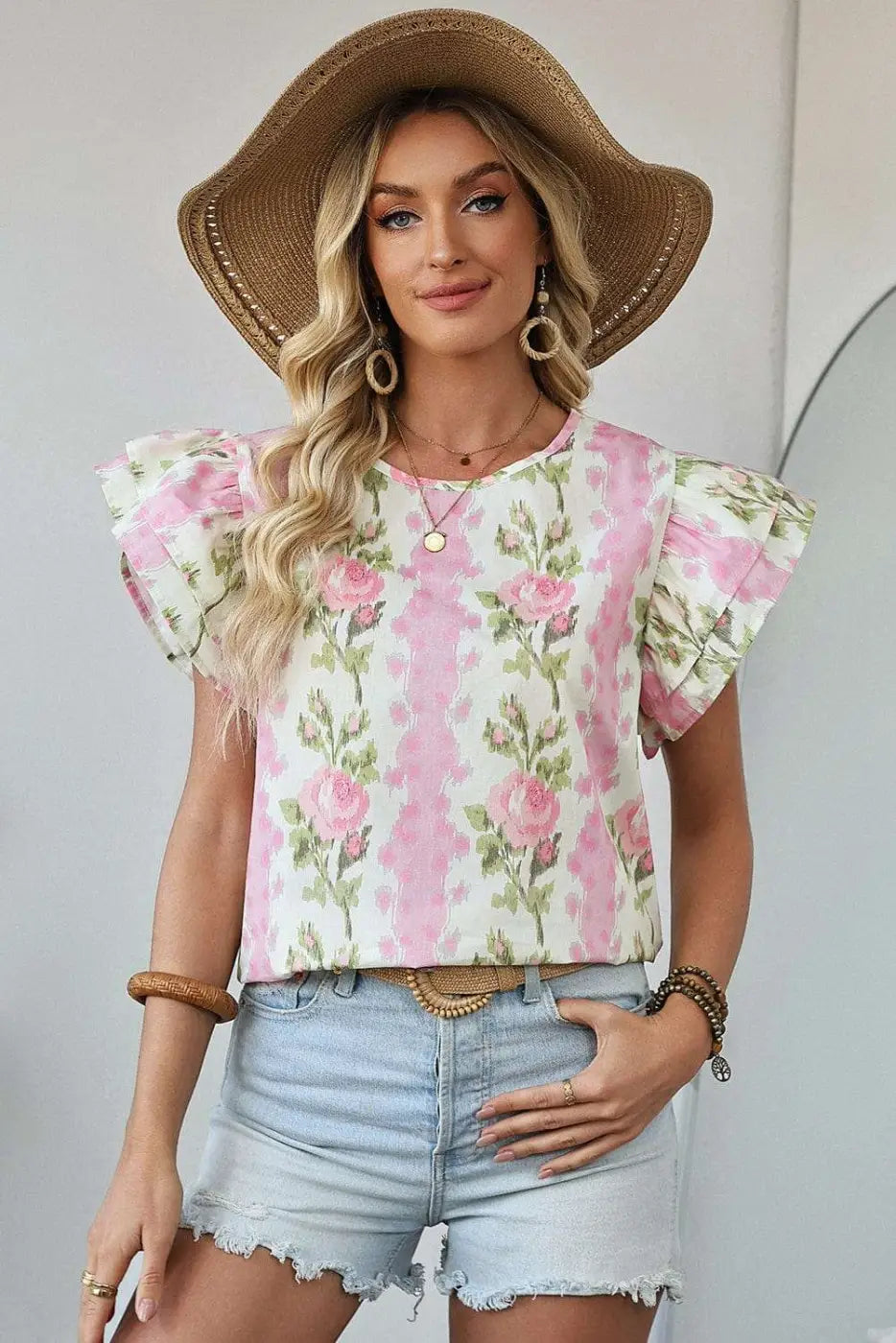 Pink Floral Ruffled Sleeve Summer Top Women UK