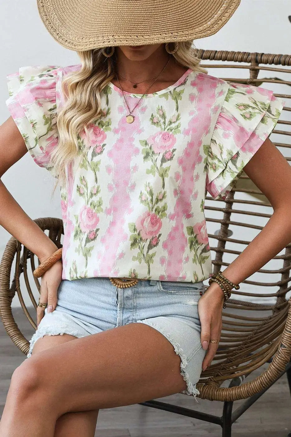 Pink Floral Ruffled Sleeve Summer Top Women UK
