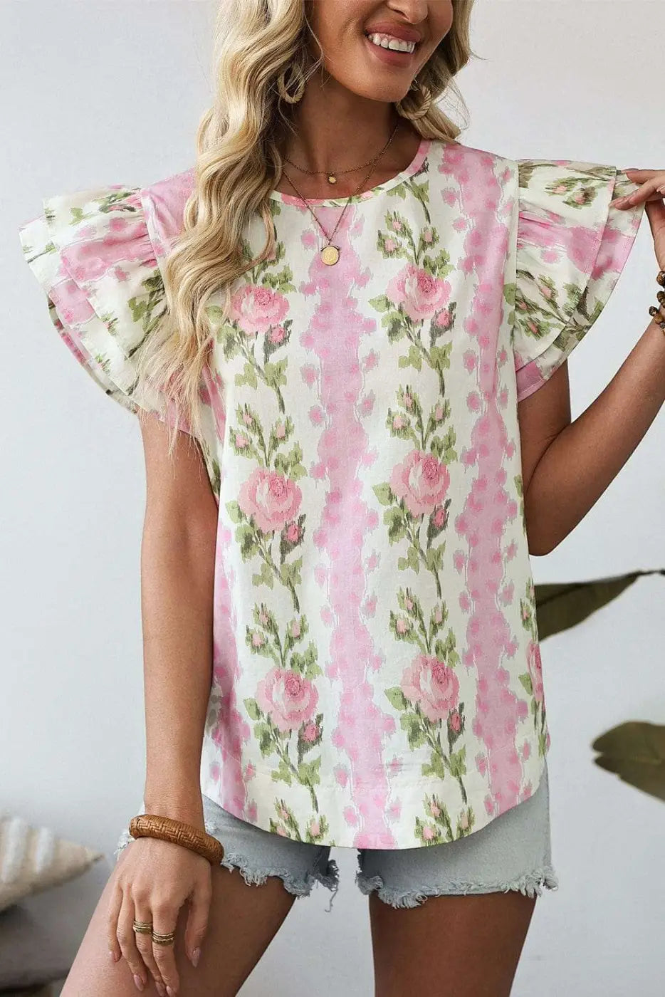 Pink Floral Ruffled Sleeve Summer Top Women UK