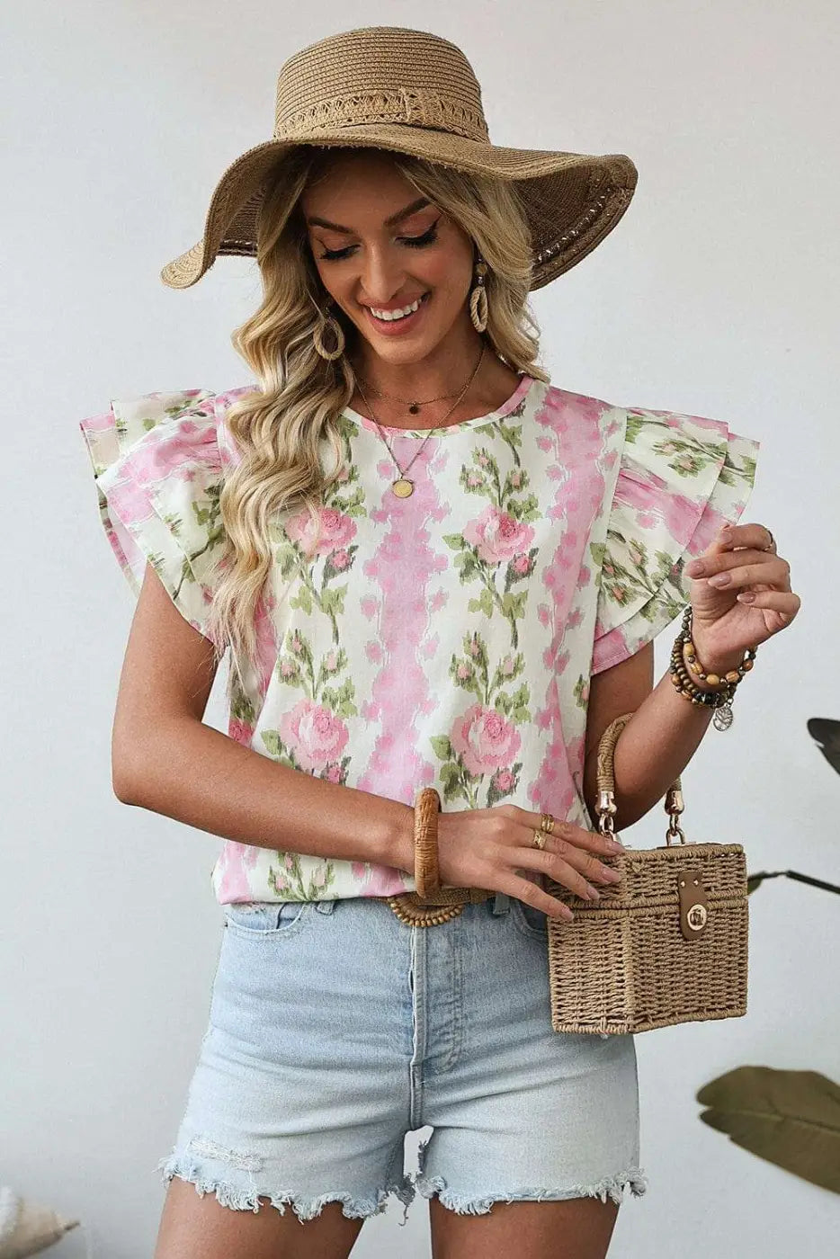 Pink Floral Ruffled Sleeve Summer Top Women UK