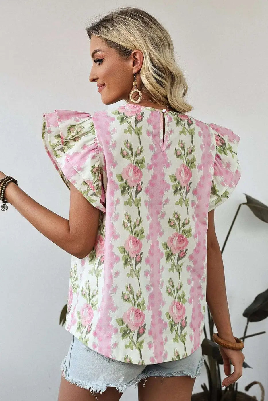 Pink Floral Ruffled Sleeve Summer Top Women UK