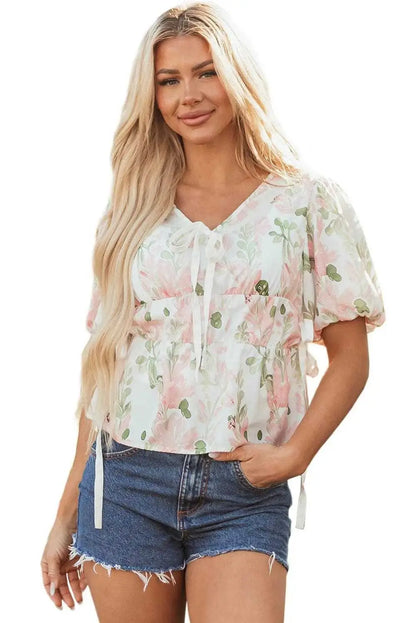 Floral Puff Sleeve Peplum Blouse Women UK | Wedding Guest