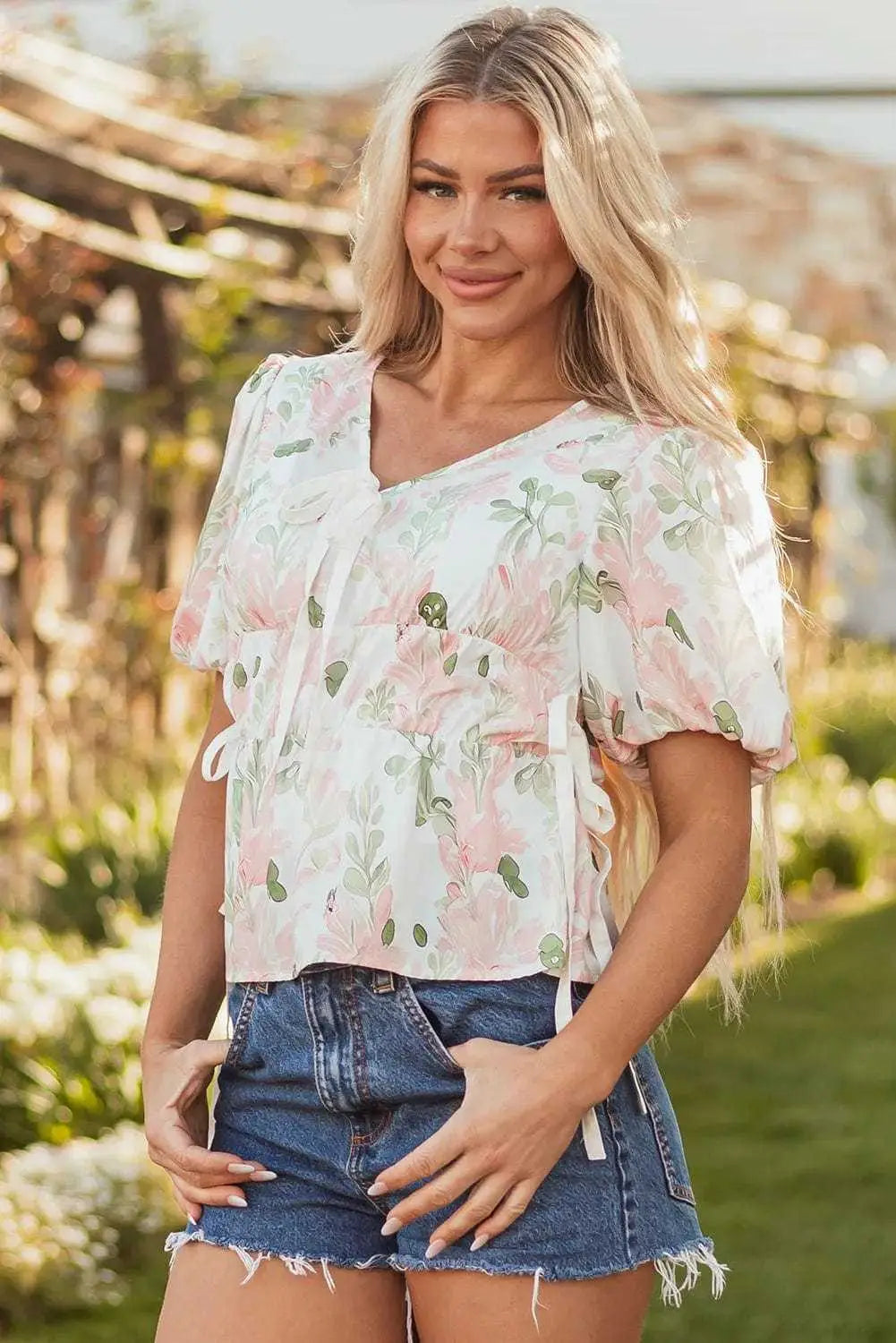 Floral Puff Sleeve Peplum Blouse Women UK