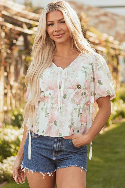 Floral Puff Sleeve Peplum Blouse Women UK | Wedding Guest