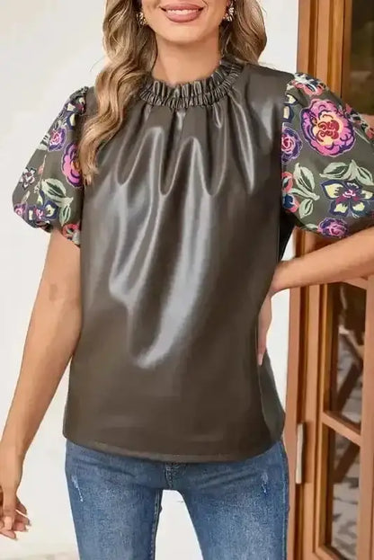 Faux Leather Bubble Sleeve Frilled Collar Blouse Women UK