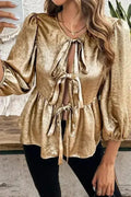 Gold Bow Tie Puff Sleeve Ruffle Blouse Women UK | Elegant
