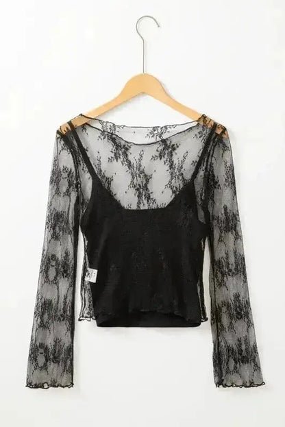 Black Lace Trim Sheer Slim Fit Blouse Women UK | Elegant
