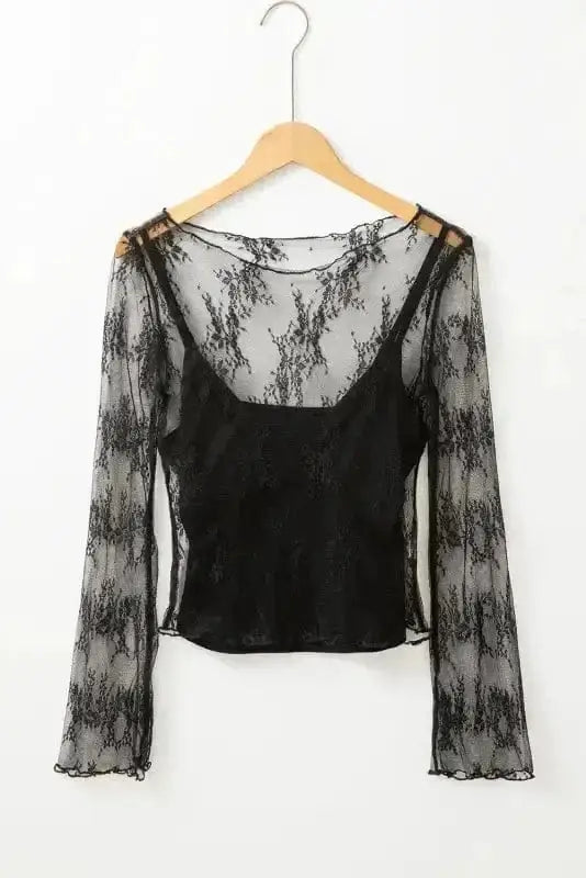 Black Lace Trim Sheer Slim Fit Blouse Women UK | Elegant