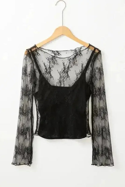 Black Lace Trim Sheer Slim Fit Blouse Women UK | Elegant