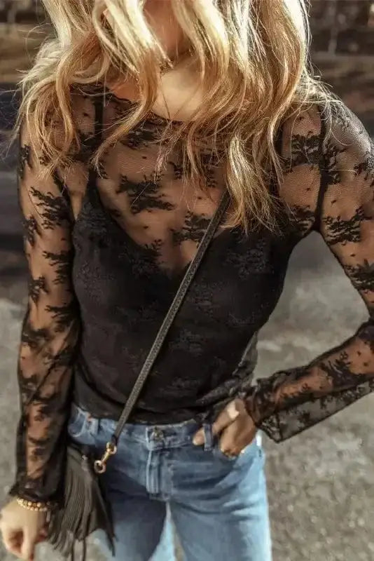 Black Lace Trim Sheer Slim Fit Blouse Women UK | Elegant
