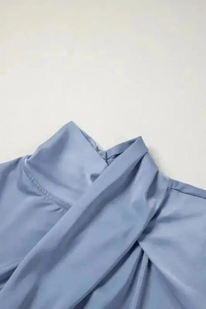 Blue Satin Pleated Turtleneck Bell Sleeve Blouse Women UK