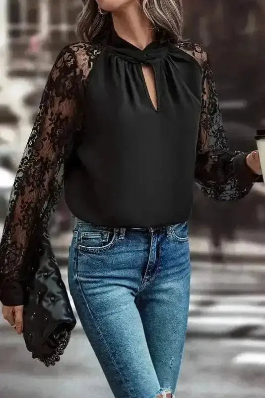 Black Lace Sleeve V-Neck Blouse Women UK | Elegant