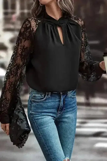 Black Lace Sleeve V-Neck Blouse Women UK | Elegant