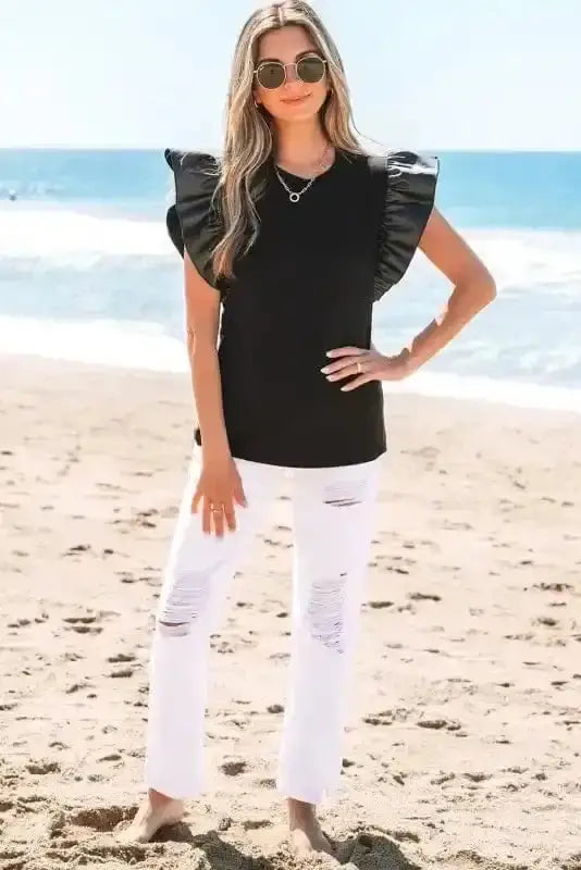 Faux Leather Ruffle Sleeve Blouse Women UK | Chic Edge
