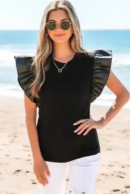 Faux Leather Ruffle Sleeve Blouse Women UK | Chic Edge