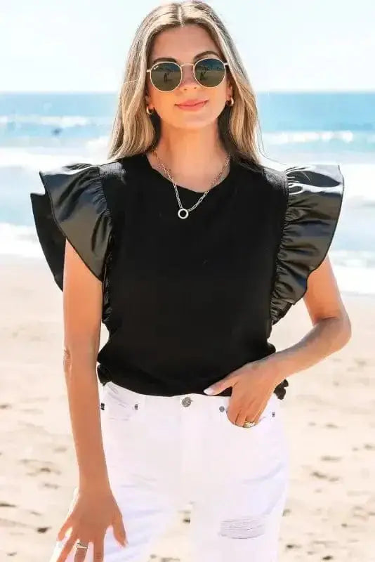 Faux Leather Ruffle Sleeve Blouse Women UK | Chic Edge