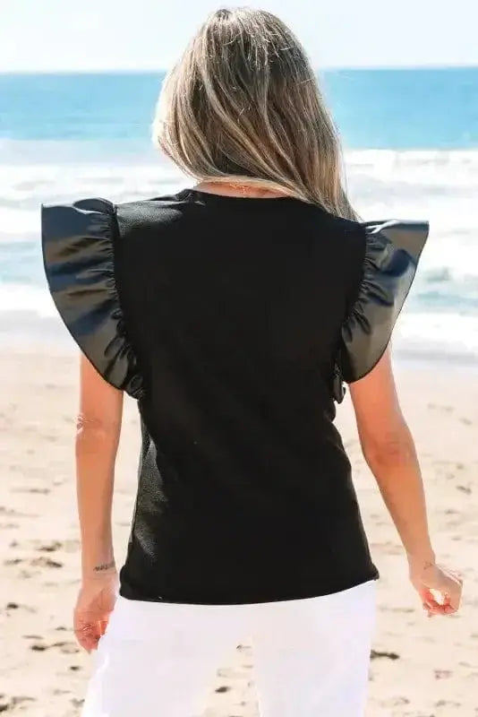 Faux Leather Ruffle Sleeve Blouse Women UK | Chic Edge