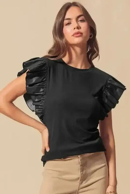 Faux Leather Ruffle Sleeve Blouse Women UK | Chic Edge
