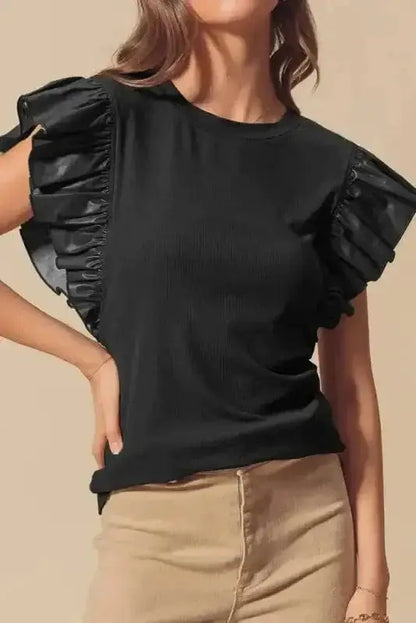 Faux Leather Ruffle Sleeve Blouse Women UK | Chic Edge