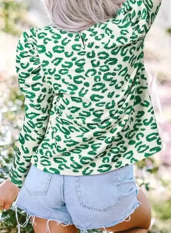 Leopard Print Mock Neck Puff Sleeve Top Women UK