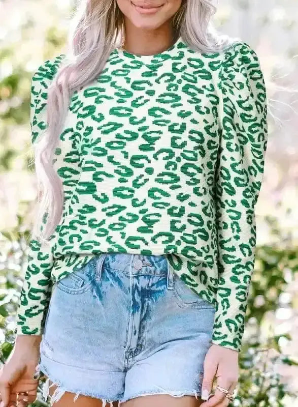 Leopard Print Mock Neck Puff Sleeve Top Women UK