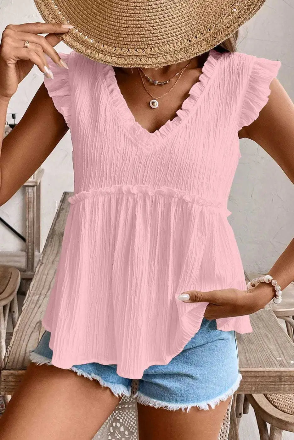 Pink Solid Ruffle Trim Flowy Top Women UK | Vacation