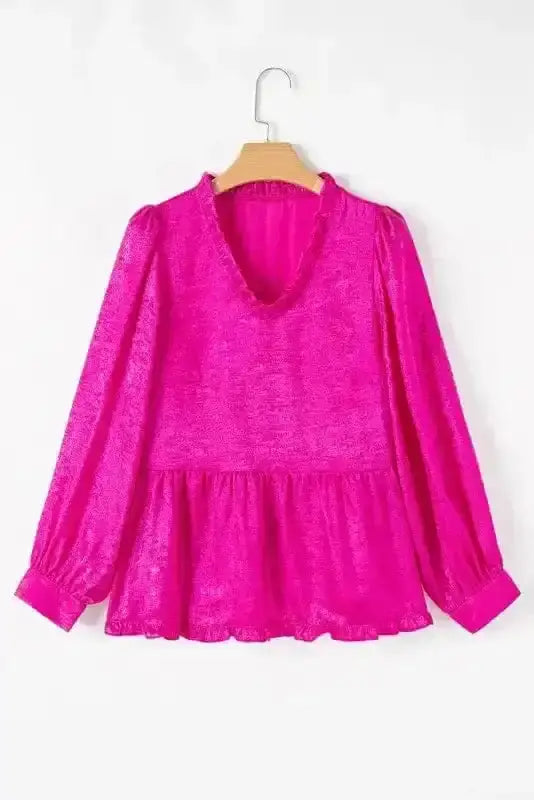 Pink Metallic Velvet Babydoll Puff Sleeve Blouse Women UK