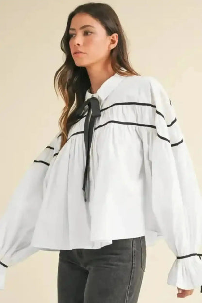 Monochrome Striped Bowtie Cotton Ruffle Blouse Women UK