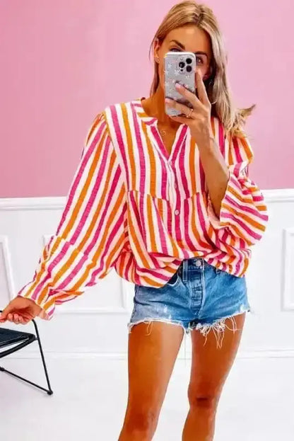 Striped Balloon Sleeve Textured Blouse Women UK | Summer